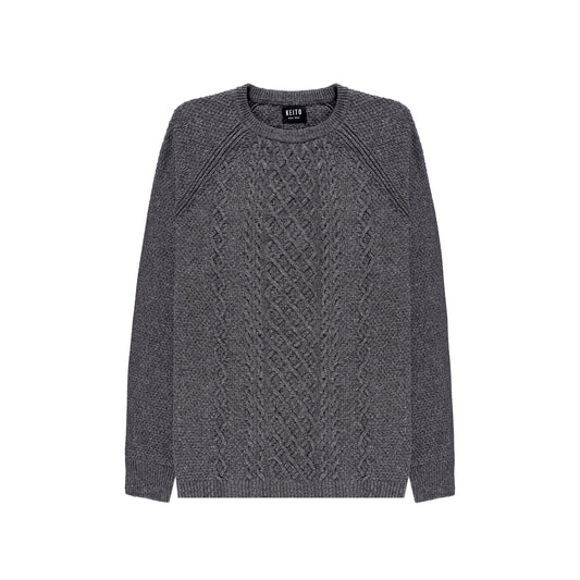 Pull irlandais en maille, col rond, manches raglantes et dos en maille anglaise