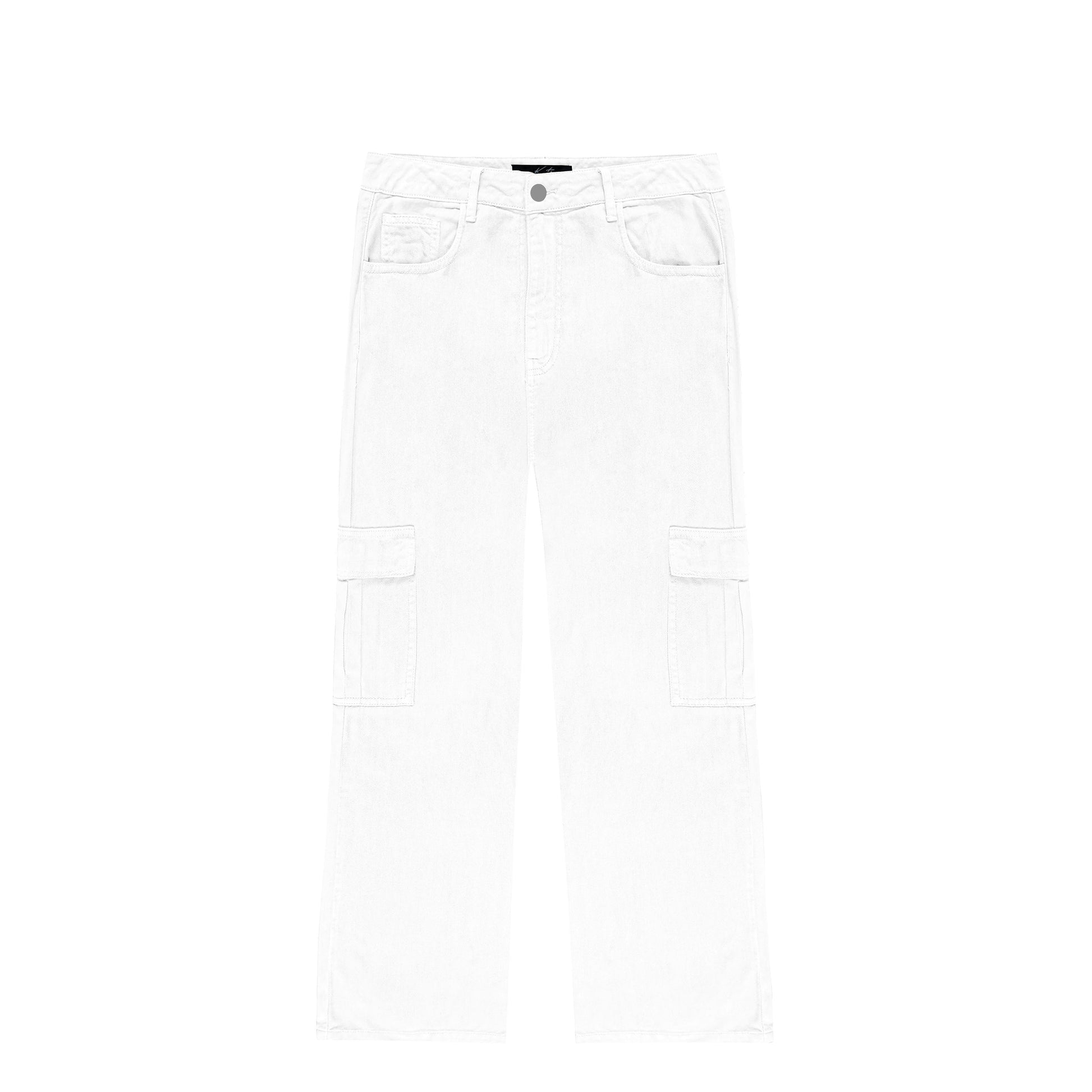 Pantalon jean, coupe large decontracte, avec deux poches cargo sur les cotes, deux poches plaquees sur le dos