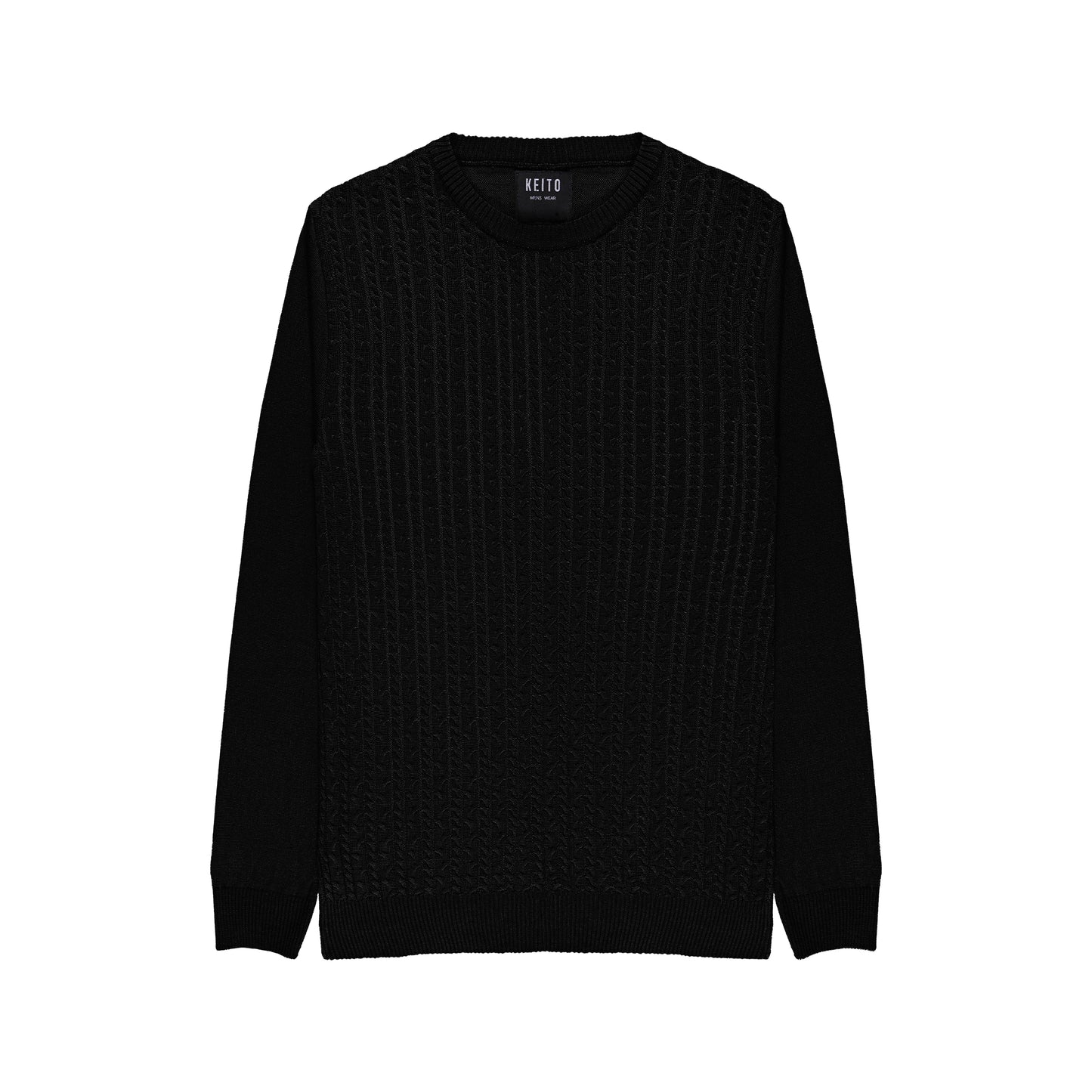 Pull maille torsadee, col rond avec petite torssade sur le devant, manches et dos en jersey