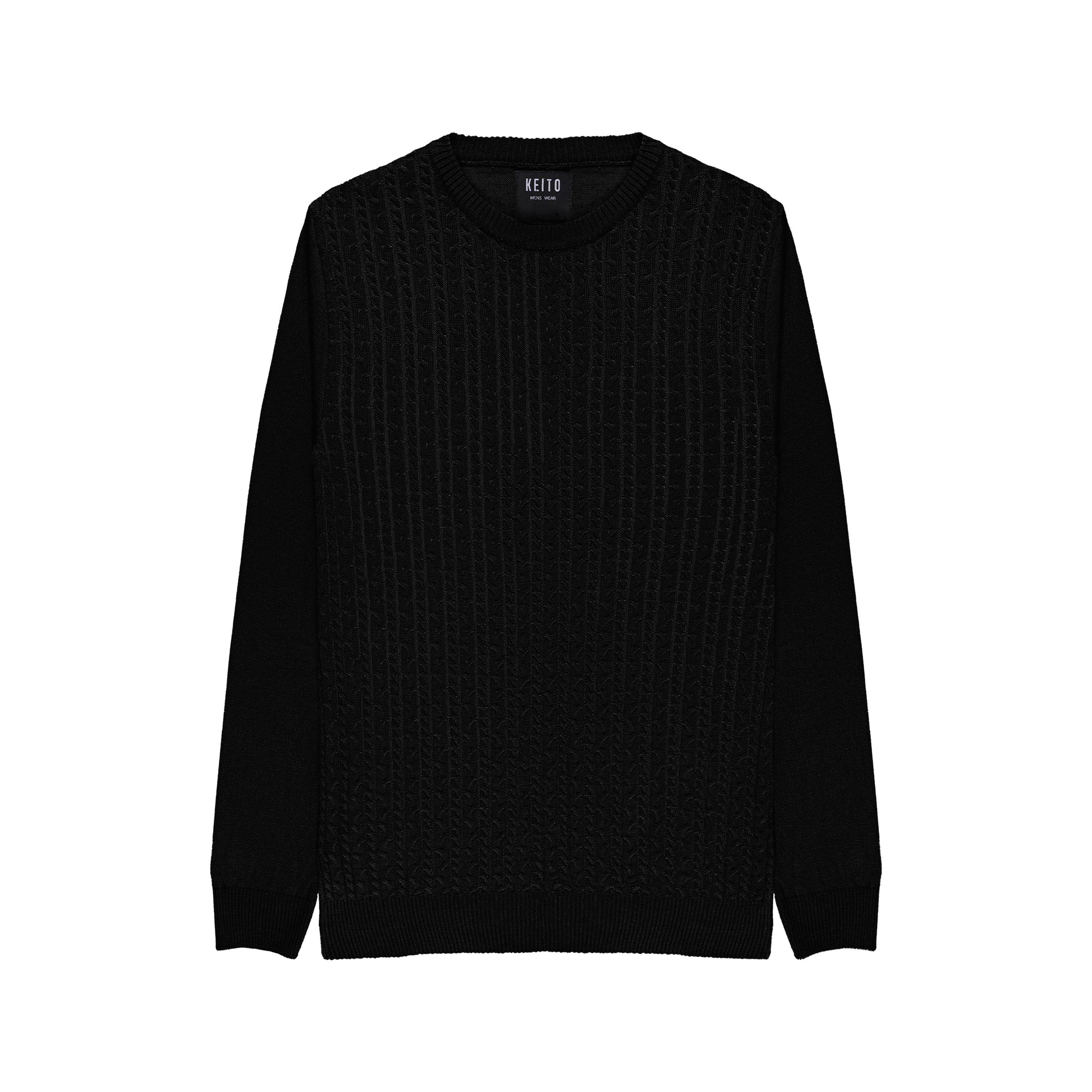 Pull maille torsadee, col rond avec petite torssade sur le devant, manches et dos en jersey