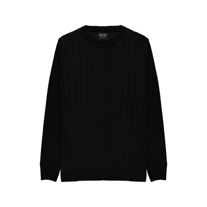 Pull maille torsadee, col rond avec petite torssade sur le devant, manches et dos en jersey